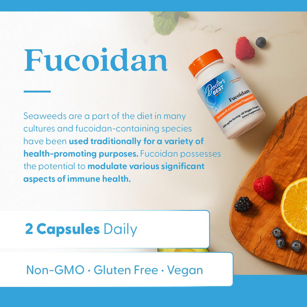 Doctors Best Fucoidan packaging on store shelf for daily immune support.