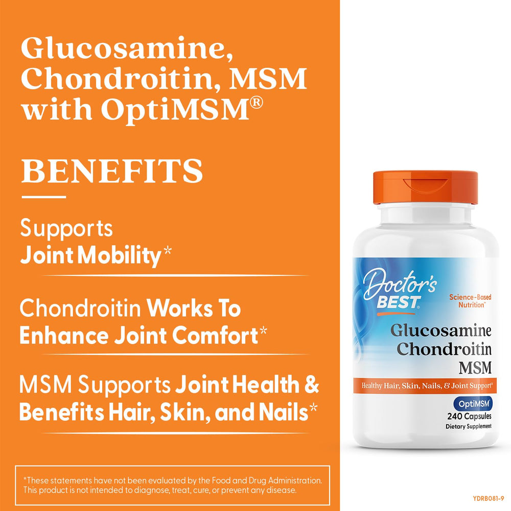 Doctor's Best glucosamine-chondroitin-msm capsules close-up illustrates portable daily joint support