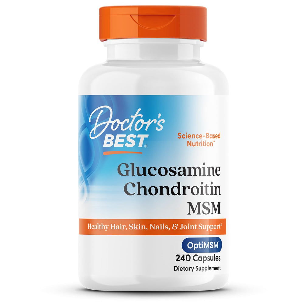 Doctor's Best glucosamine-chondroitin-msm capsules close-up on bottle promoting joint health and mobility