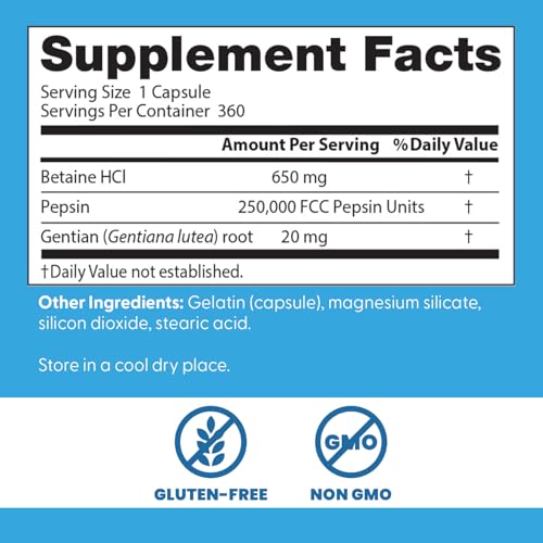 Doctor's Best Betaine HCl Pepsin bottle back panel details ingredients for digestion.