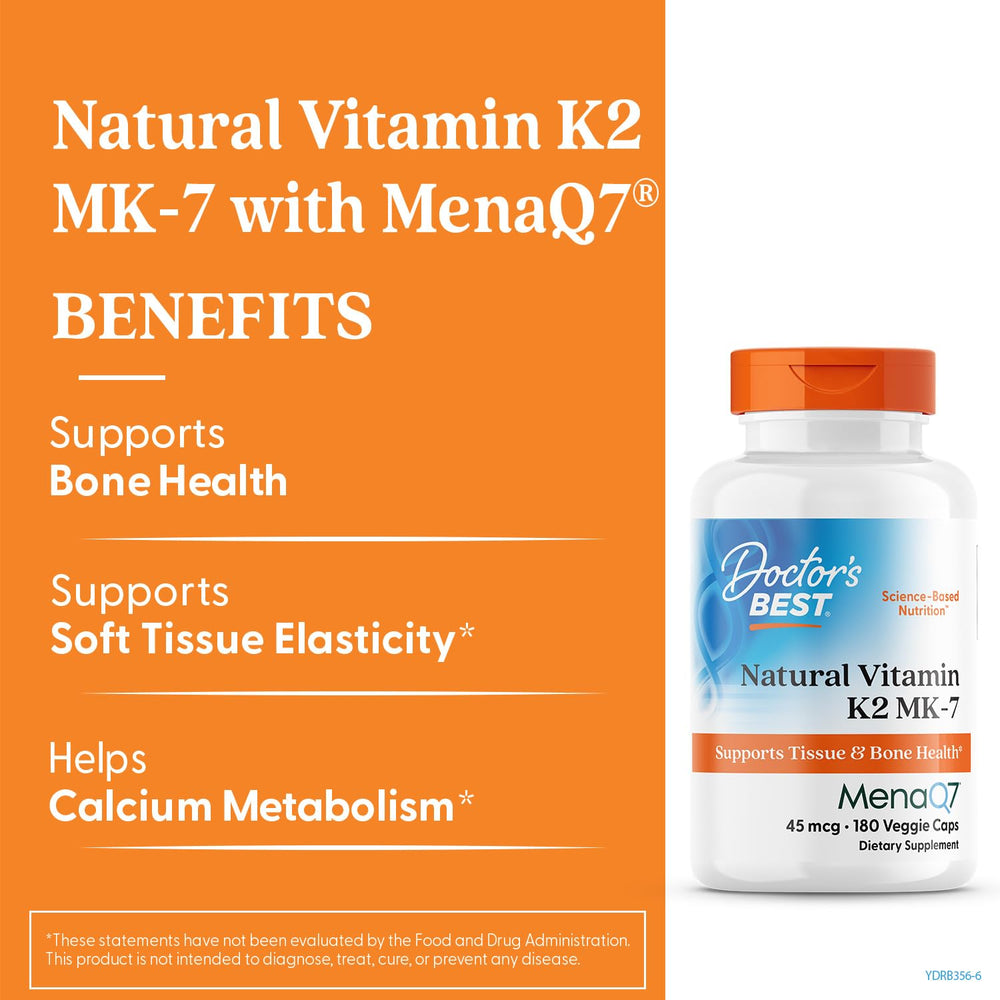 Closeup of Doctor's Best K2 MK-7 capsules, showing vegan, non-GMO details.
