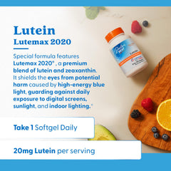 Doctor's Best Lutein bottle image demonstrates blue light protection through carotenoids.