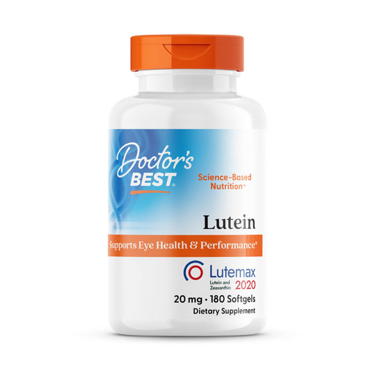 Doctor's Best Lutein softgel bottle front view shows 20 mg lutein and 4 mg zeaxanthin for eye support.