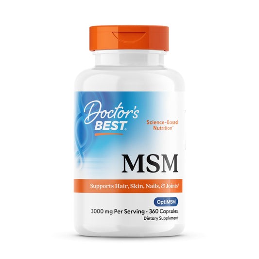 Doctor's Best MSM supplement bottle with capsules suggesting joint comfort support
