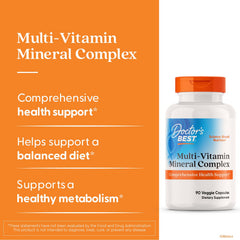 Doctor's Best multivitamin bottle label highlights vegan D3 from plant sources.