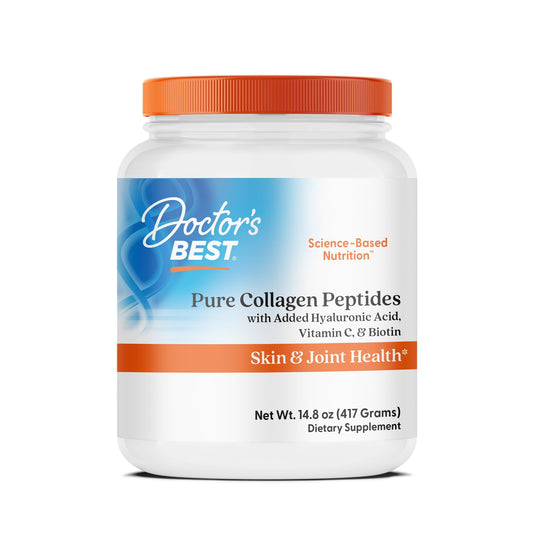 Doctor's Best pure collagen peptides with hyaluronic acid bottle highlights skin hydration potential.