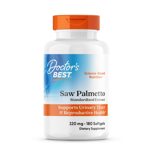 Doctor's Best Saw Palmetto softgels bottle with 320 mg formula for daily prostate support.