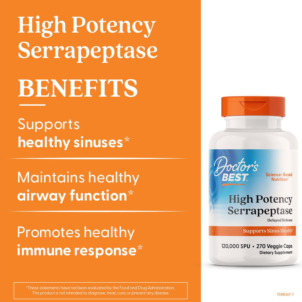 Doctor's Best Serrapeptase bottle open demonstrates easy daily intake