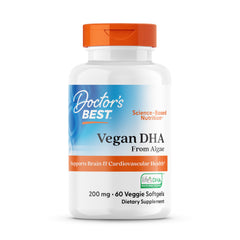 Doctor's Best Vegan DHA algae bottle front highlights plant-based omega-3 for brain support.