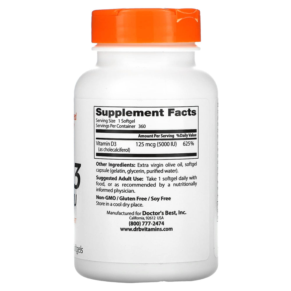 Doctor's Best Vitamin D3 bottle pour shows convenient daily immune support