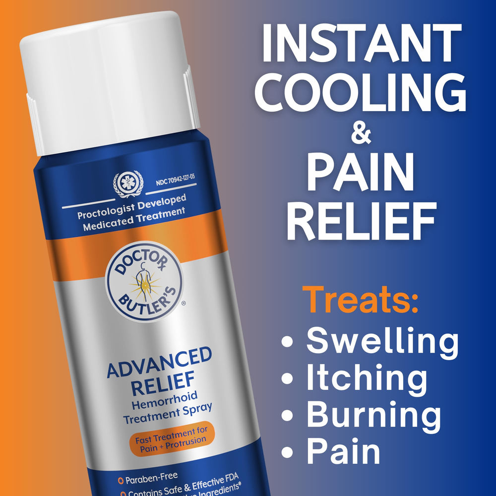 Doctor Butler's Advanced Relief spray close-up showing no-touch application