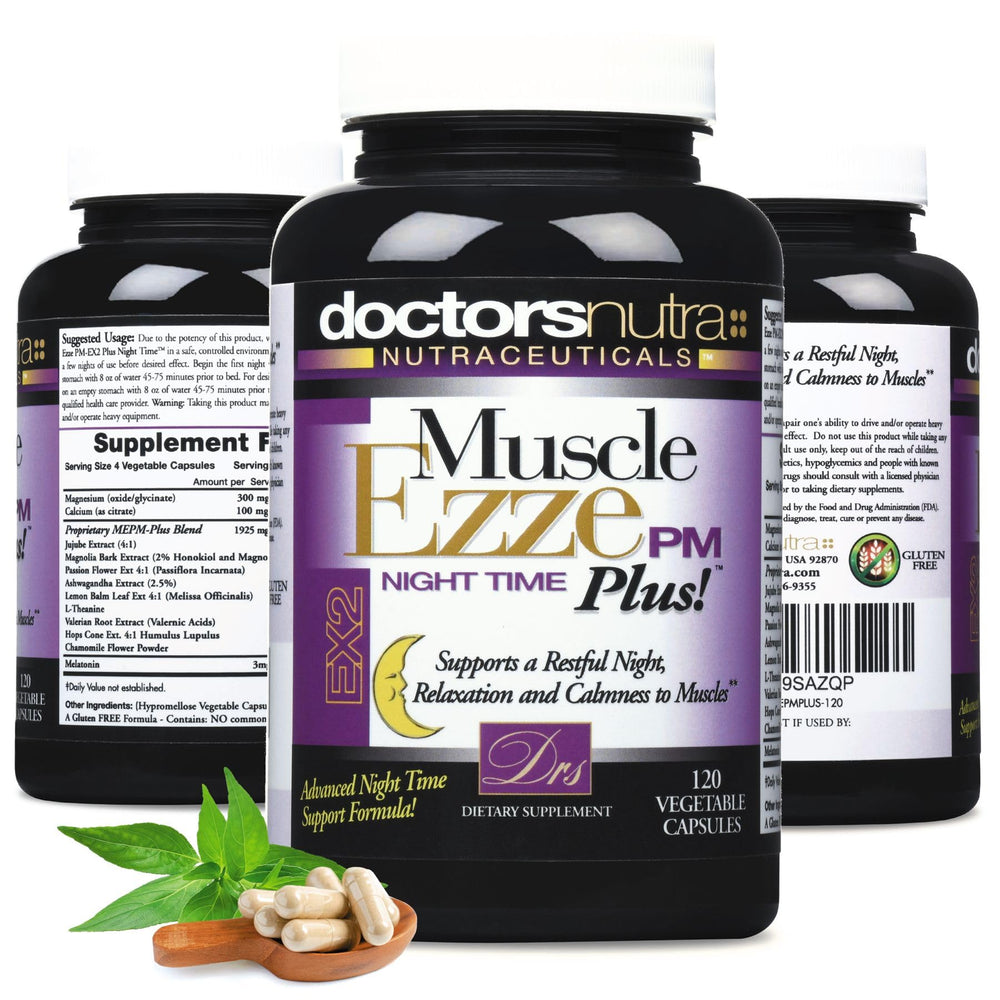 Doctors Nutra Muscle Ezze PM Plus gluten-free badge on bottle packaging