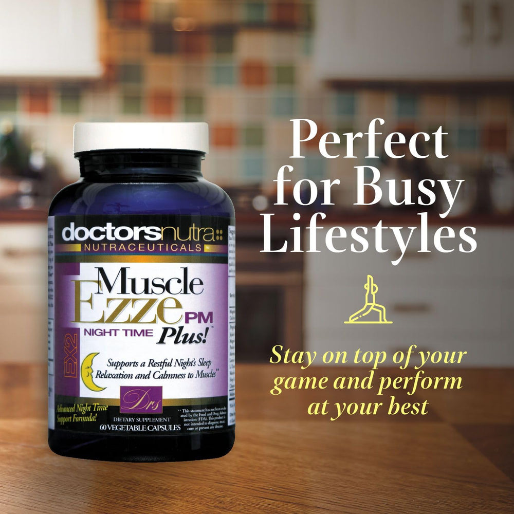 Doctors Nutra Muscle Ezze PM Plus herbal blend beside calming pillow