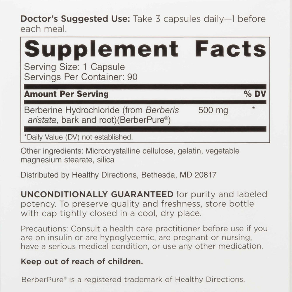 Close-up of Berberine Clinical Grade label highlighting 1,500 mg daily dosage.