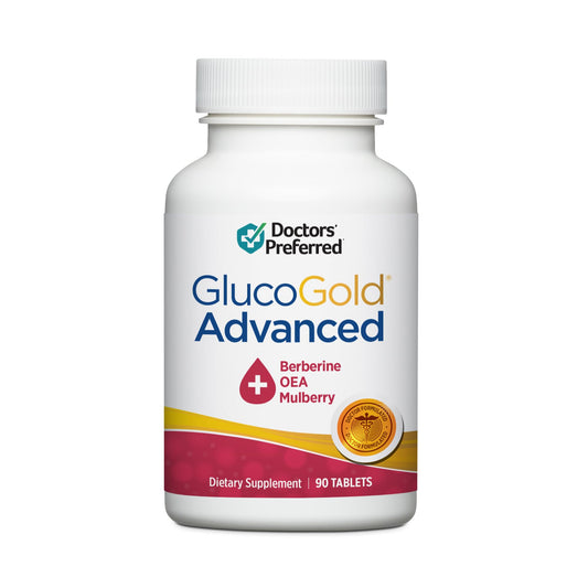 DOCTORS' PREFERRED GlucoGold Advanced bottle for daily wellness support