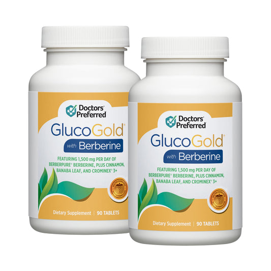 Doctors' Preferred GlucoGold bottle showing berberine formula for daily use