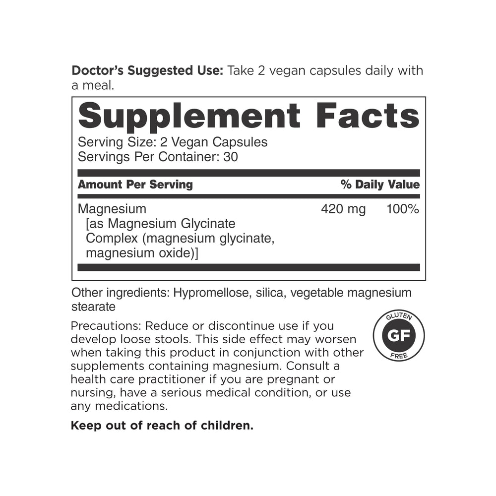DOCTORS' PREFERRED capsules close-up shows smooth, gentle-to-tummy magnesium glycinate, supporting daily tolerance