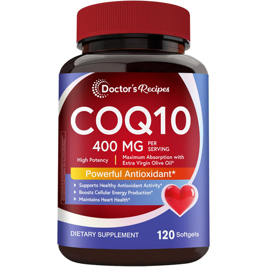 Doctor's Recipes CoQ10 bottle label shows 400 mg potency for daily vitality.
