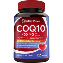 Doctor's Recipes CoQ10 bottle label shows 400 mg potency for daily vitality.