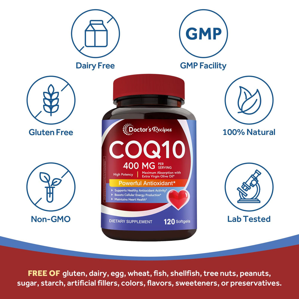Doctor's Recipes CoQ10 heart health focus image highlights mitochondrial energy.