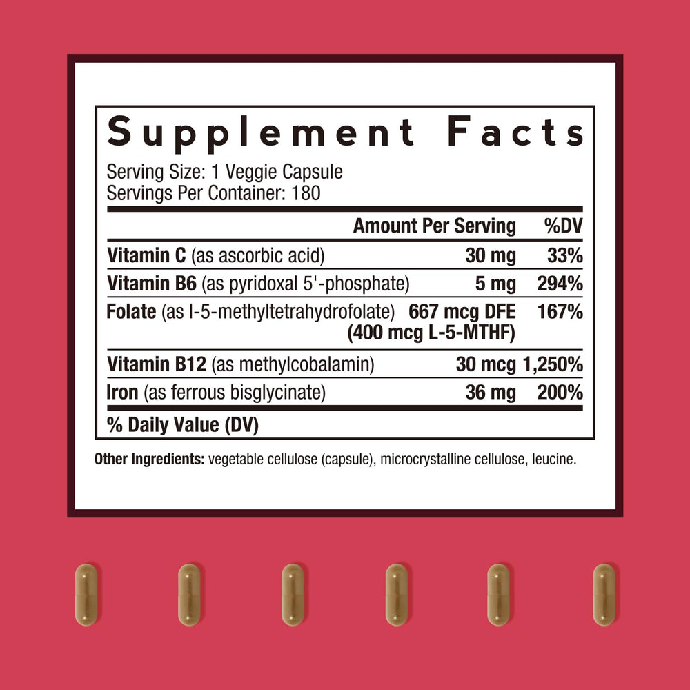 Doctor's Recipes iron supplement capsules closeup highlights gentle ferrous bisglycinate.