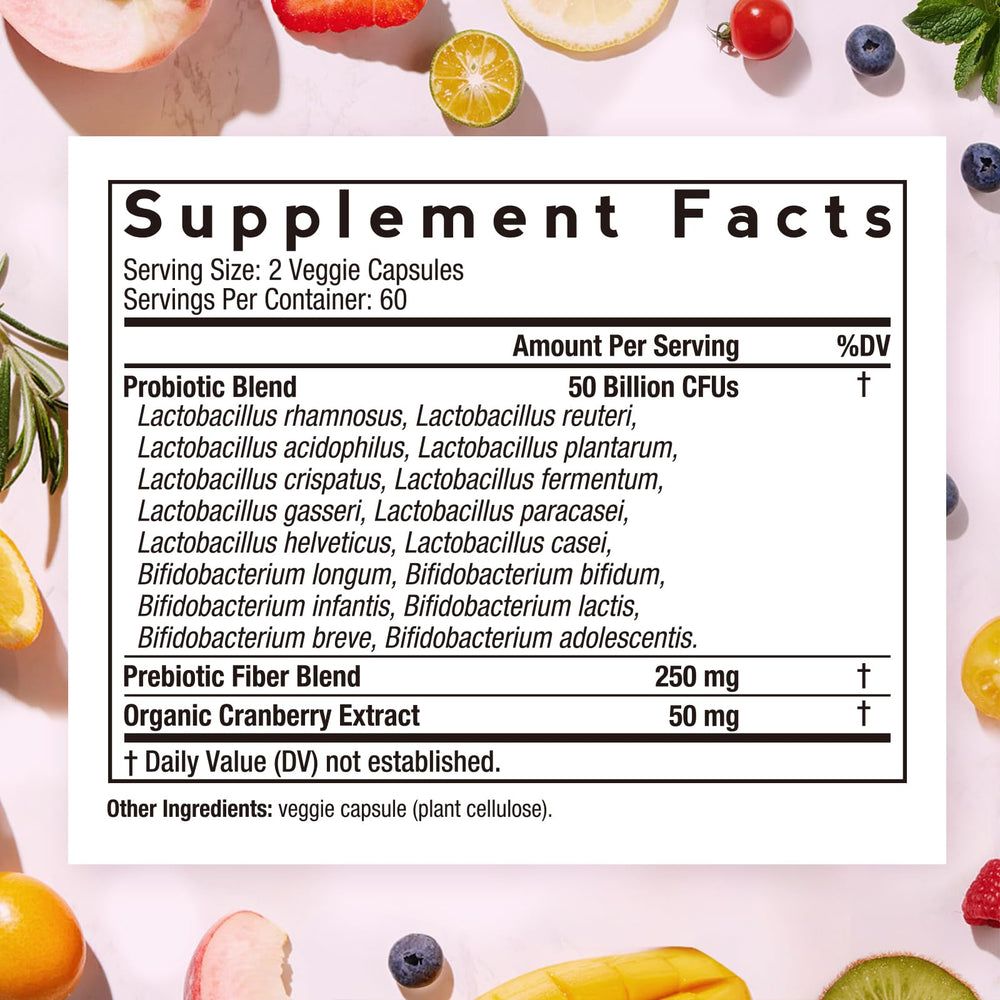 Close-up of 16 probiotic strains label for Doctor's Recipes Women's Probiotic