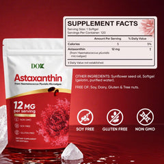 DOK astaxanthin bottle label featuring gluten-free and non-GMO attributes