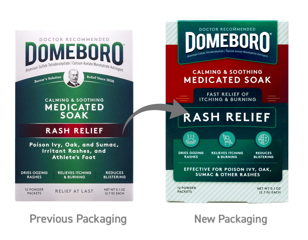 Bath time scene with Domeboro packets suggesting symptom relief