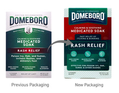 Bath time scene with Domeboro packets suggesting symptom relief
