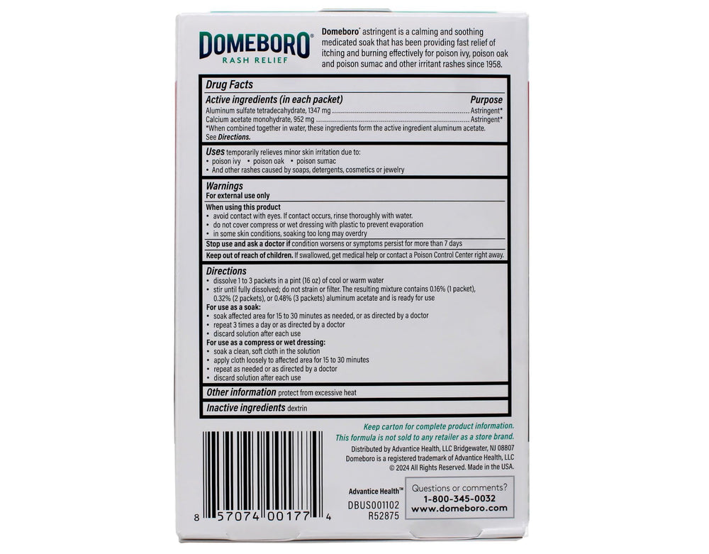 Closeup of the Domeboro label on the powder packets for dermatitis care