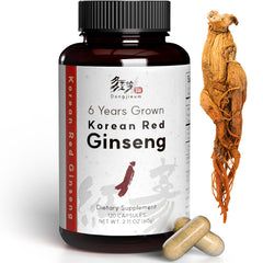 Dongjieum Korean Red Ginseng 6-year root capsules on bottle promote steady energy.