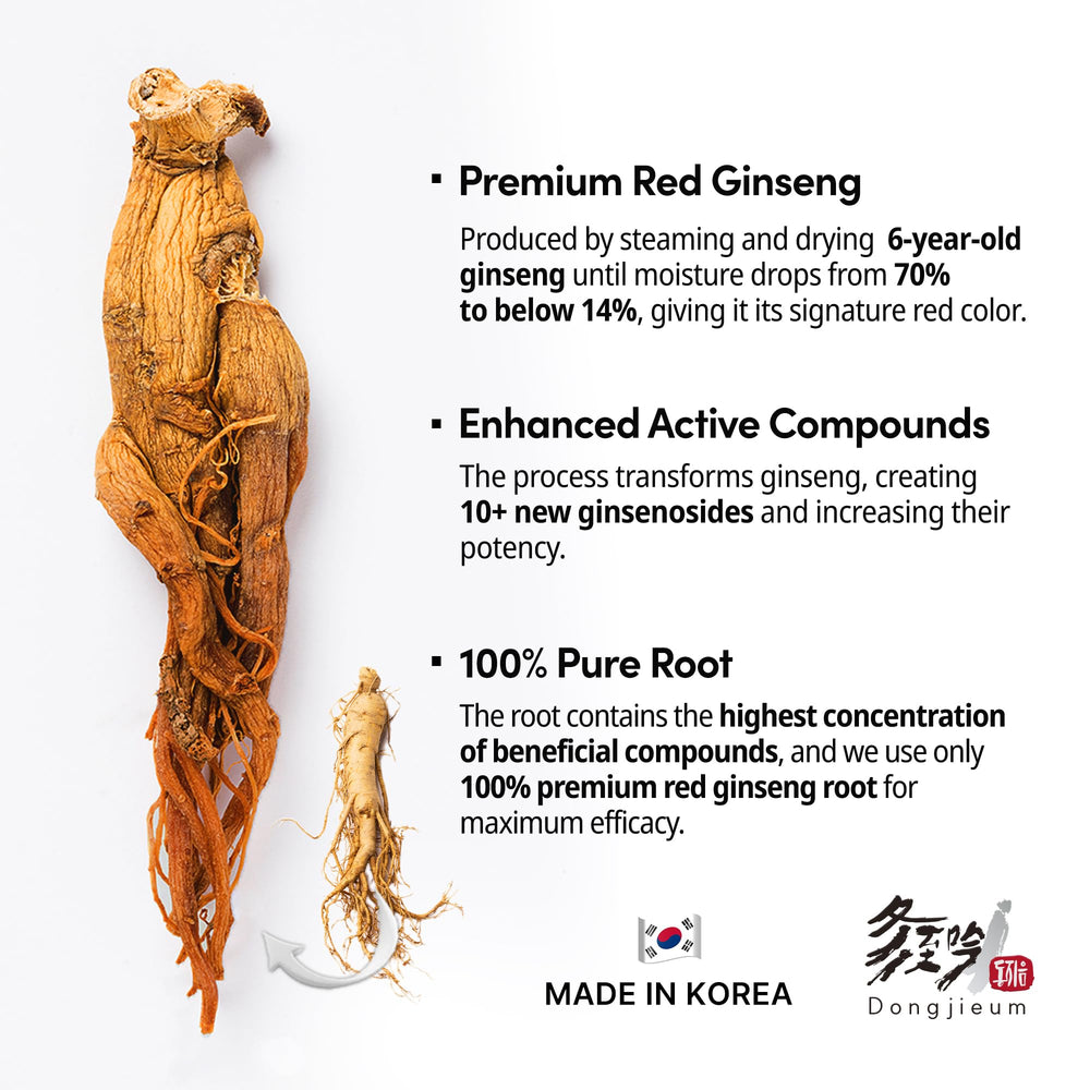 Dongjieum Korean Red Ginseng roots showcase six-year harvests for trusted potency.