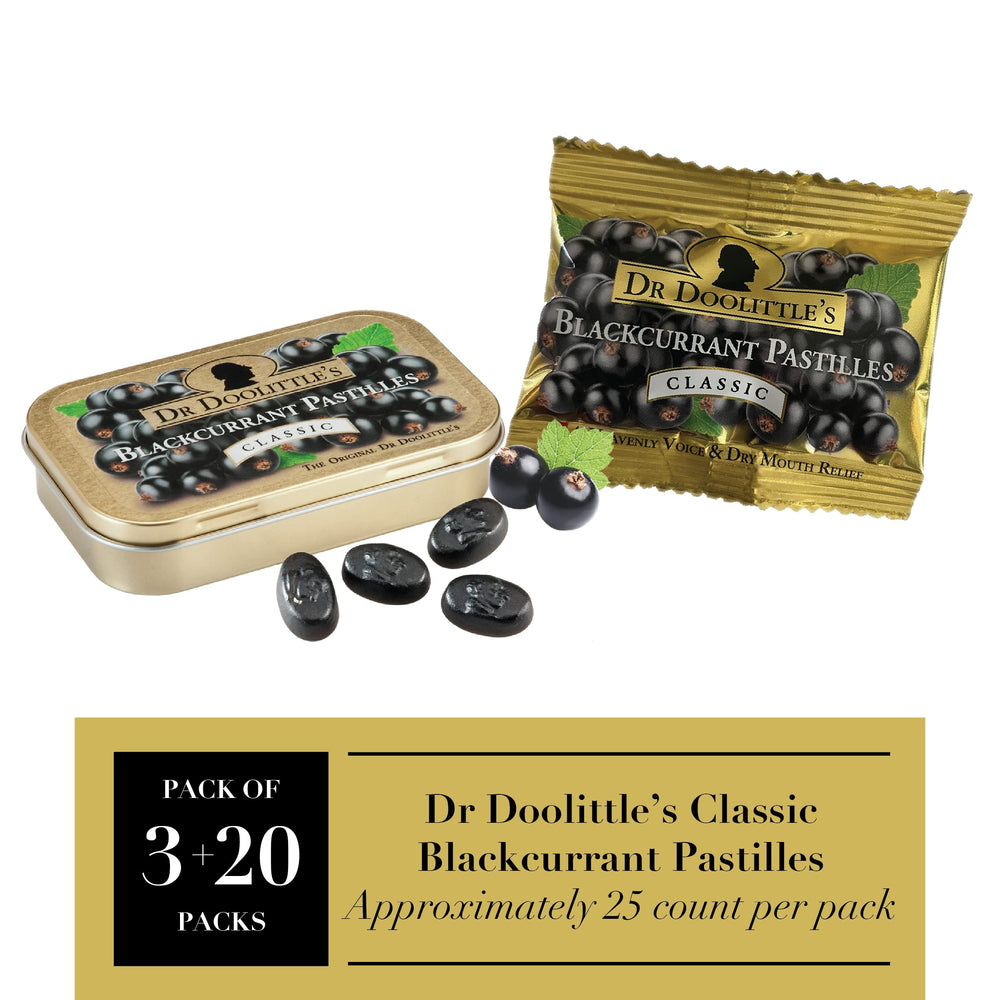 DOOLITTLE Dr Classic Soft Fruit Pastilles Blackcurrant tin side view highlighting compact packaging.