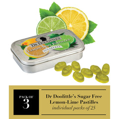 DOOLITTLE lemon-lime pastilles close-up highlighting fruity taste and sugar-free breath refresh.