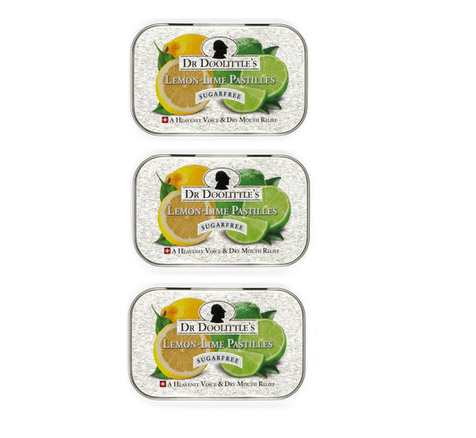 DOOLITTLE Dr Sugar Free Soft Pastilles Lemon Lime tin shown for on-the-go throat relief.