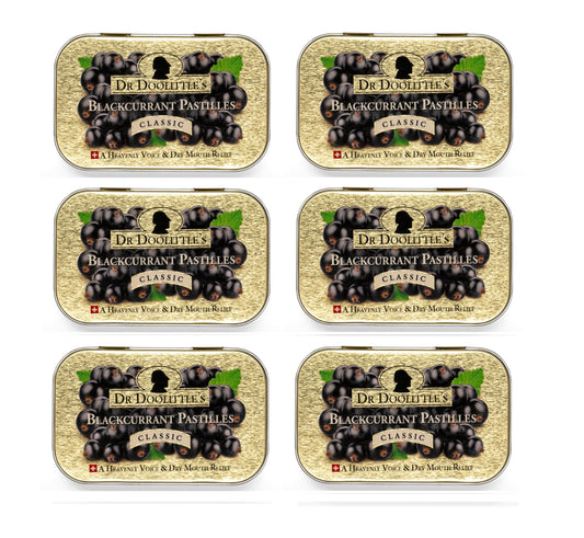DOOLITTLE blackcurrant soft pastilles tin front view for throat moisture support