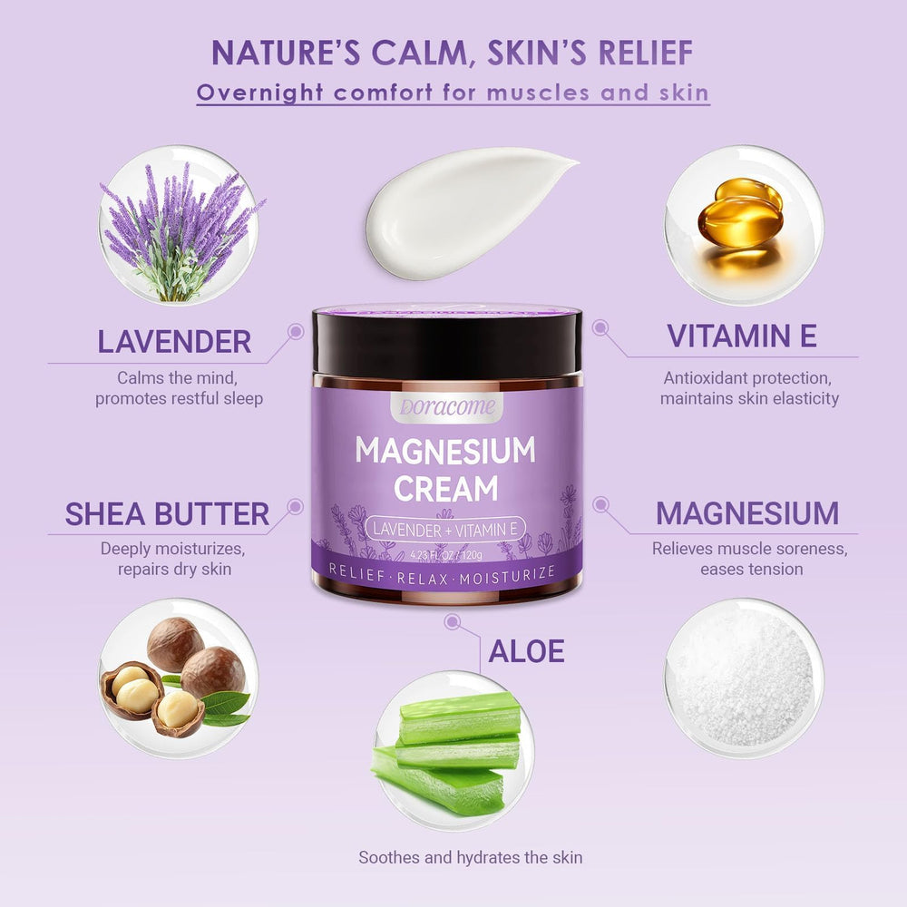 Doracome magnesium cream on legs and calves after a long day.