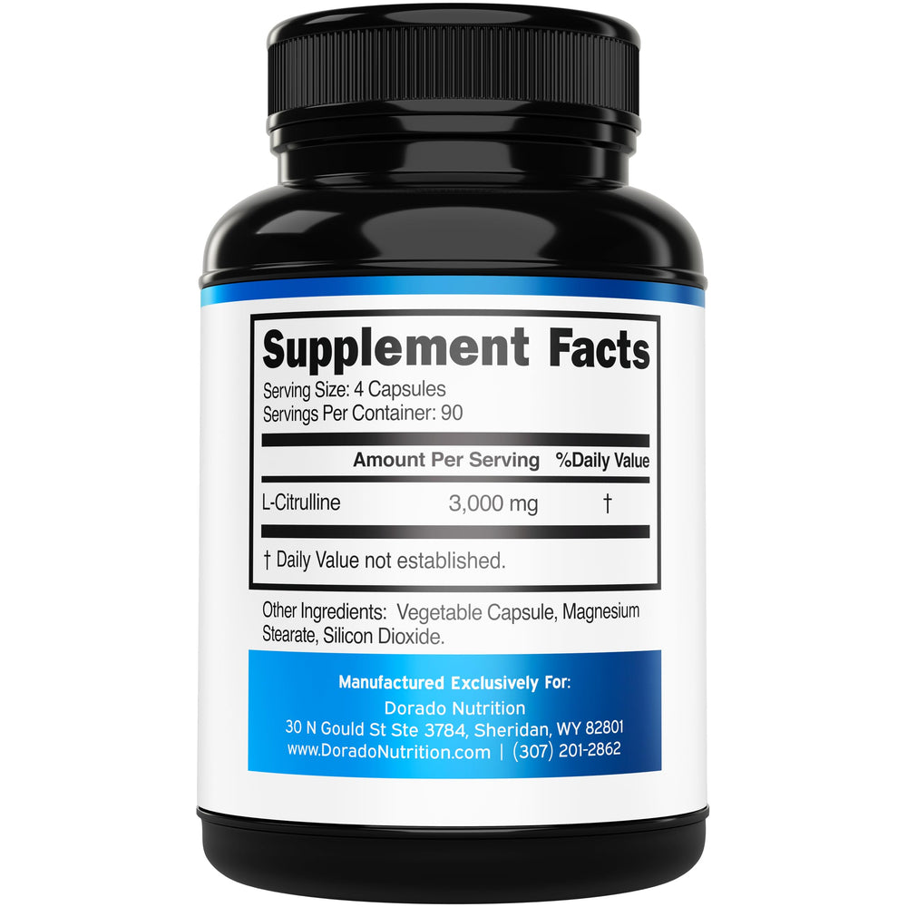 Dorado Nutrition L Citrulline 3000mg bottle back with ingredients and labels