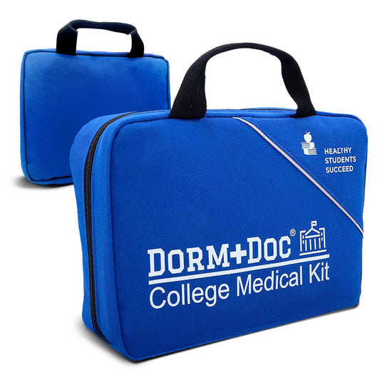 DormDoc first-aid kit in a compact blue case, ideal for dorms and travel.