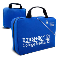 DormDoc first-aid kit in a compact blue case, ideal for dorms and travel.