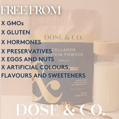 Dose & Co vanilla collagen label closeup highlighting ingredients and benefits.
