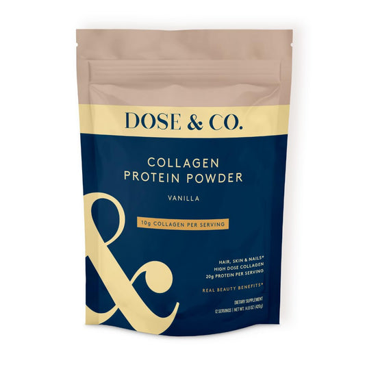Dose & Co Vanilla Collagen powder tub ready for daily protein and collagen support.