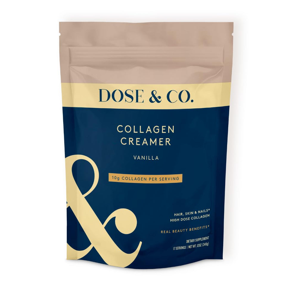 DOSE & CO Vanilla Collagen Creamer jar showing creamy texture for daily beverages