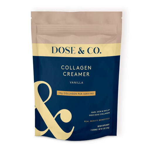DOSE & CO Vanilla Collagen Creamer jar showing creamy texture for daily beverages