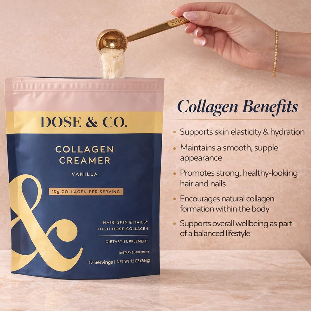 DOSE & CO Vanilla Collagen Creamer powder being scooped for a smooth vanilla boost