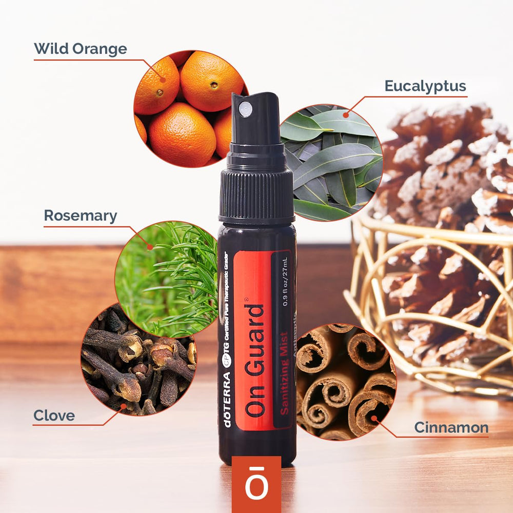 doTERRA On Guard mist dispensing over hands for fast, non-sticky cleansing