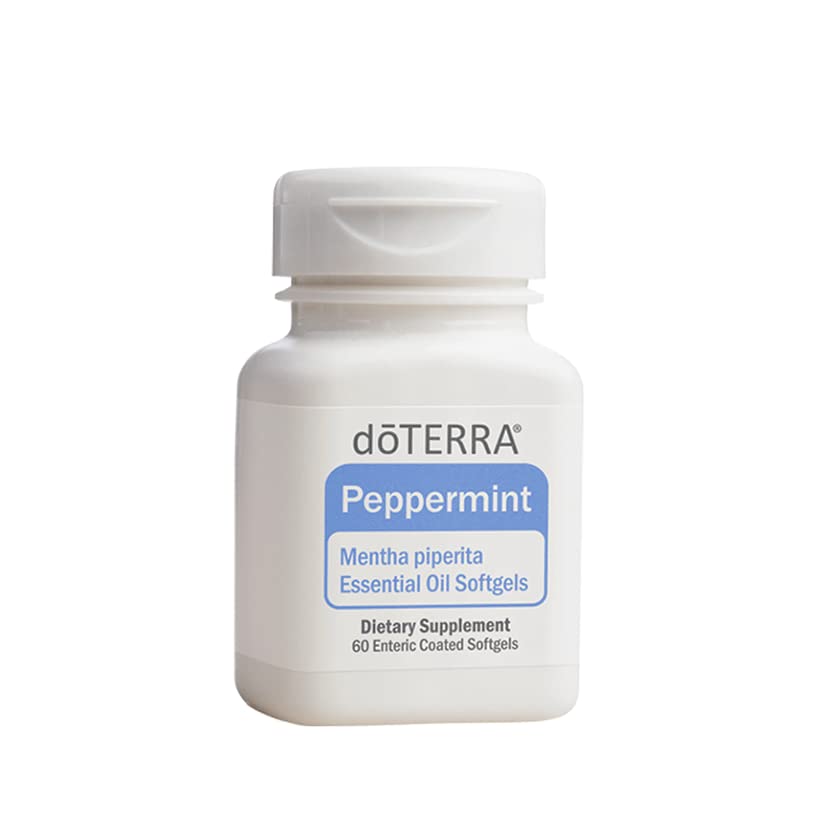 doTERRA Peppermint Softgels capsules close-up highlighting smooth texture for easy digestion.