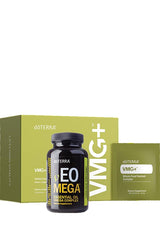 doTERRA VMG+ and vEO Mega vegan bottle showing plant-based vitamins and omegas for daily wellness