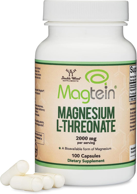 Double Wood Magtein magnesium bottle showing brain-supporting daily supplementation.