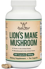 Double Wood Organic Lion's Mane bottle emphasizing focus support and immune wellness.
